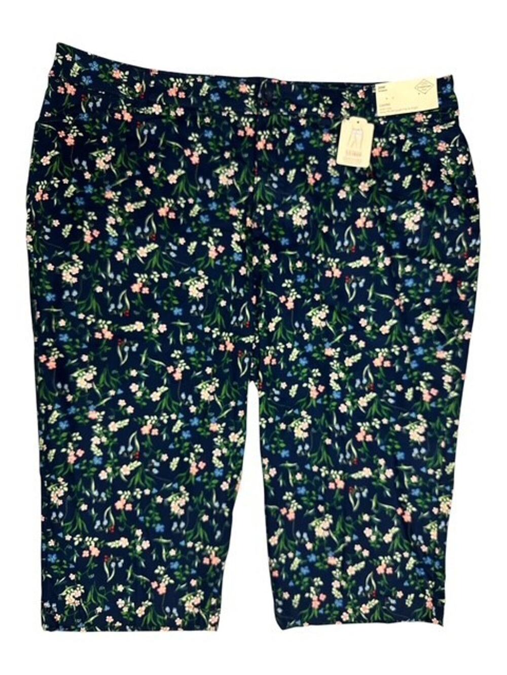 St Johns Bay 20W Capri Pants Navy Blue Floral Mid Rise Pocket Easy Fit Hip Thigh